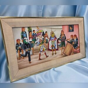 Vintage Guatemalan Oil Painting  Signed, Folk Native Art Celebration Scene
